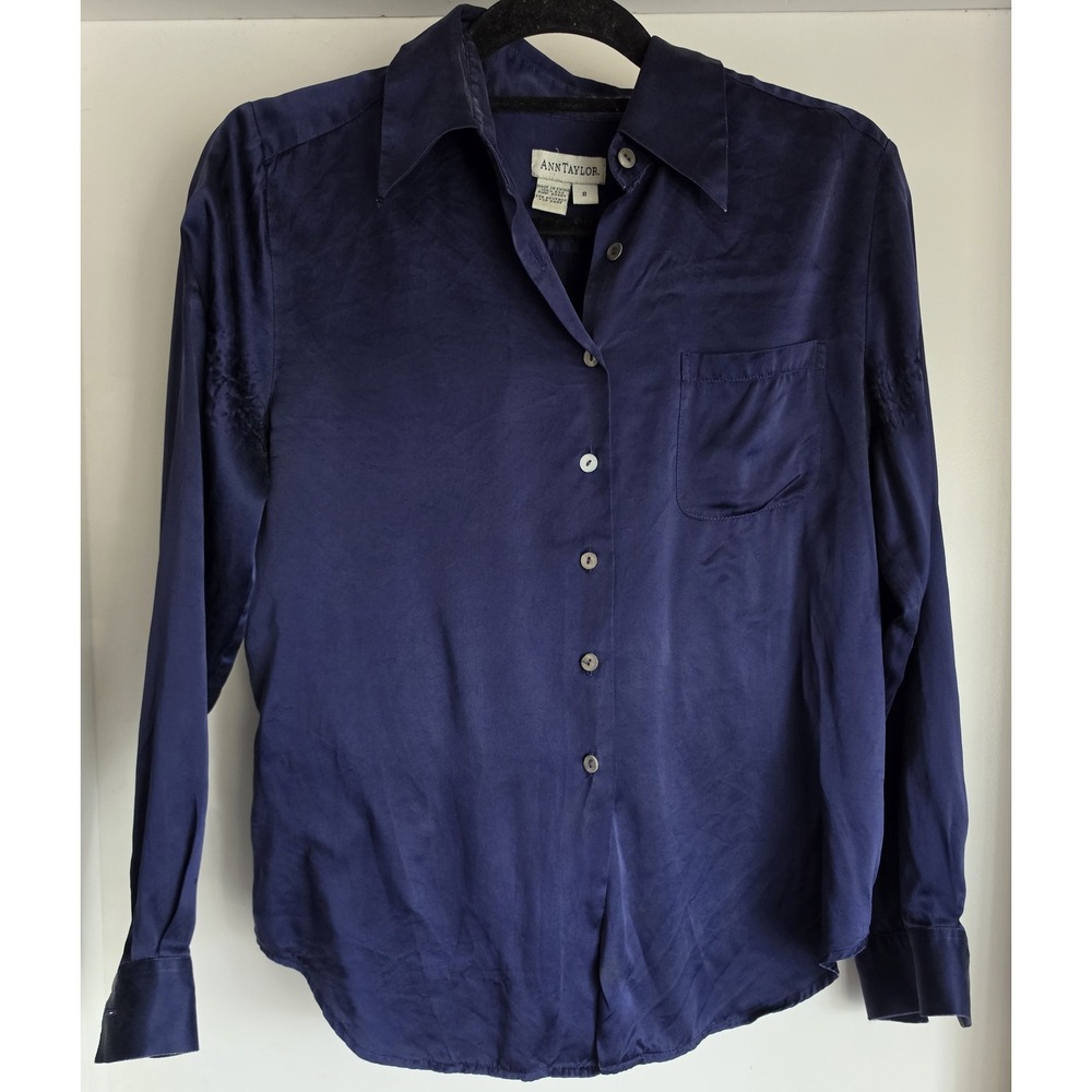 Ann Taylor Blouse Size 8 Silk Collared Long Sleeve Navy Blue Solid Top Shirt VTG